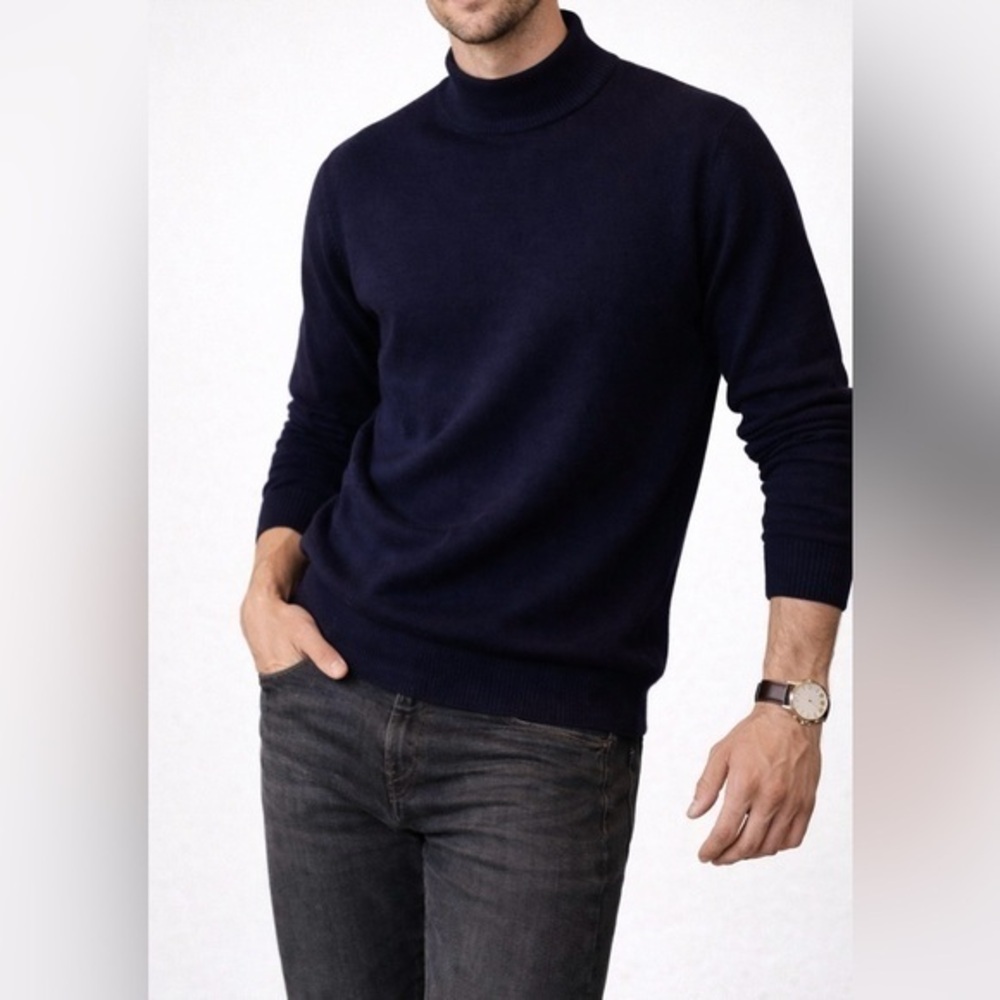 Tundra Canada Men’s 100% Merino Wool Mock Neck Sweater Navy Blue Quality M - Picture 1 of 6